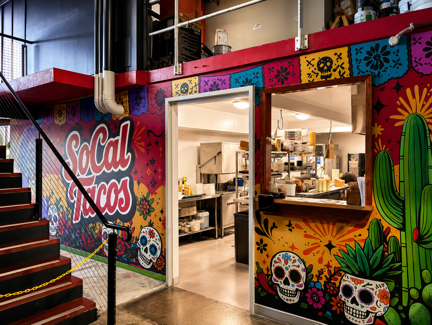 SoCal Tacos mural at Flat Lizard Brewery — papel picado banners, sugar skulls, cactus and hand-painted SoCal Tacos lettering framing the kitchen servery