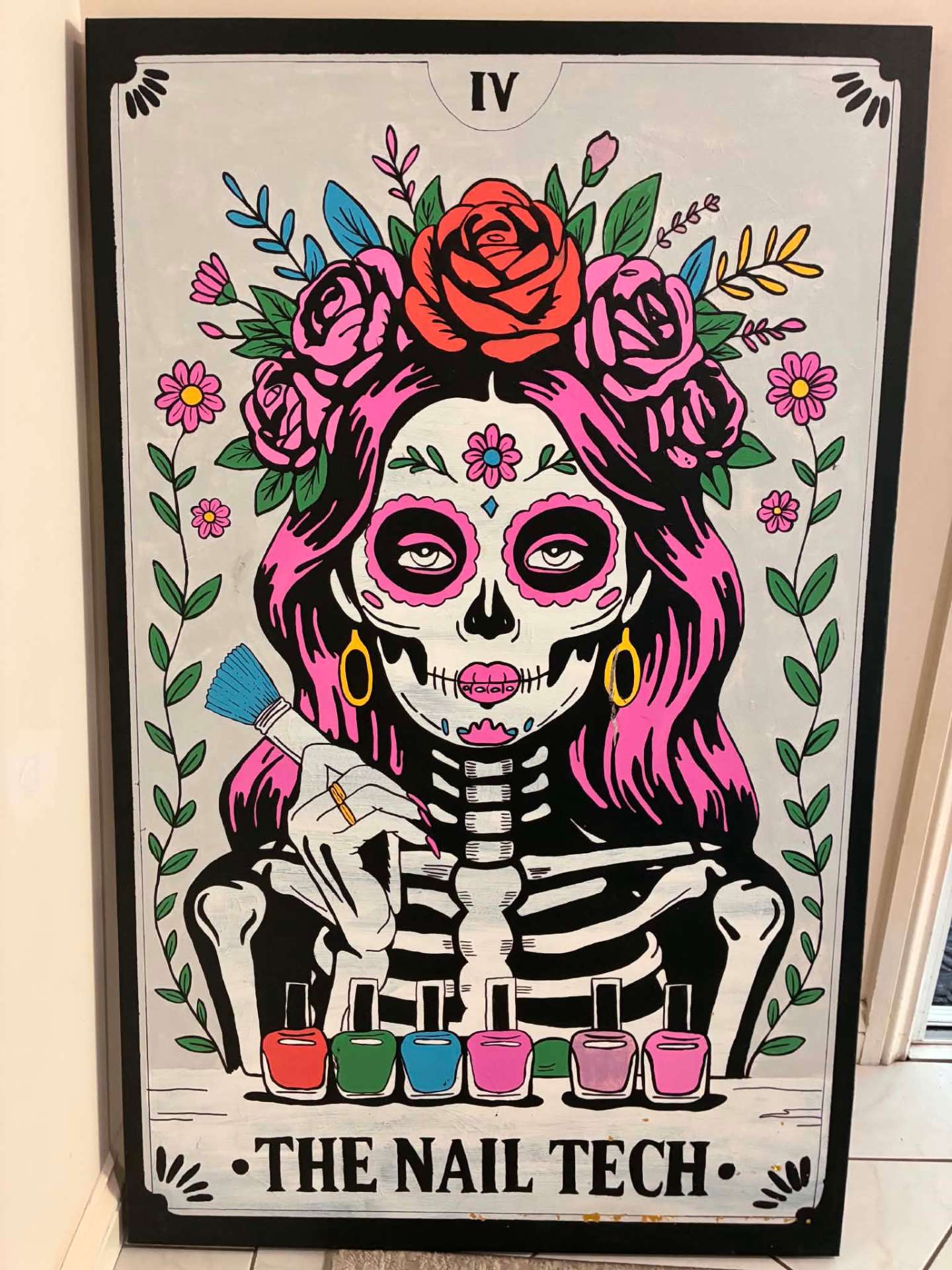 The Nail Tech — hand-painted tarot-style canvas with sugar skull and florals