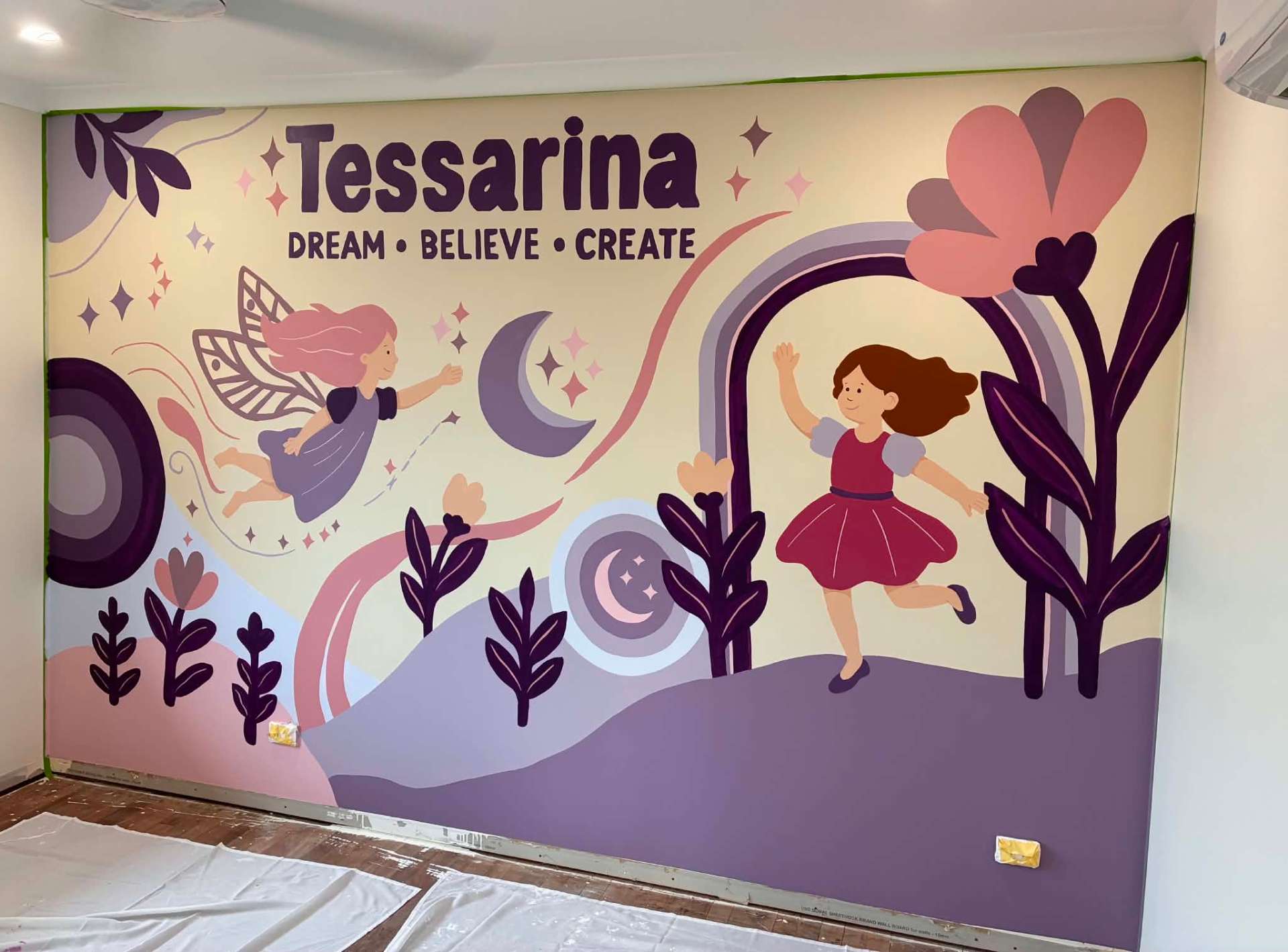 Tessarina — Dream, Believe, Create — Interior · Kids · Whimsical mural in Brisbane by Your Local Mural